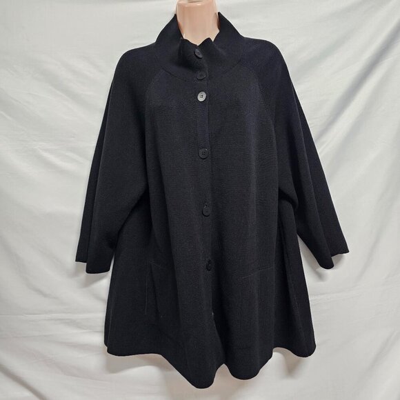 Eileen Fisher Button Up Mock Neck Kimono Jacket Women Size L Black Silk/Cotton - Picture 3 of 13